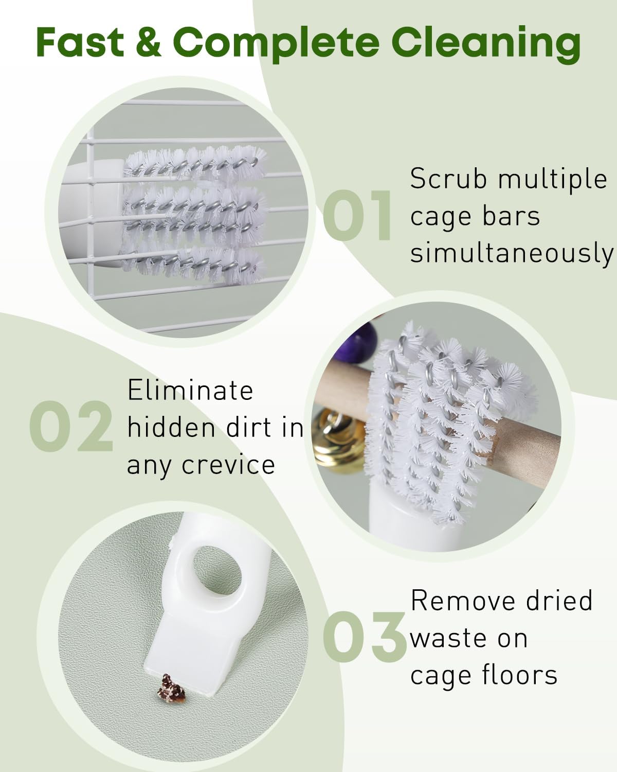 Pawfly 3 Pcs Bird Cage Cleaner Brush with Shovel, 2-in-1 Bird Cage Cleaning Brush Set, Bird Poop Remover for Perches, Kennels & Small Animal Cages, Bird Cage Accessories, Bird Droppings Removal Brush