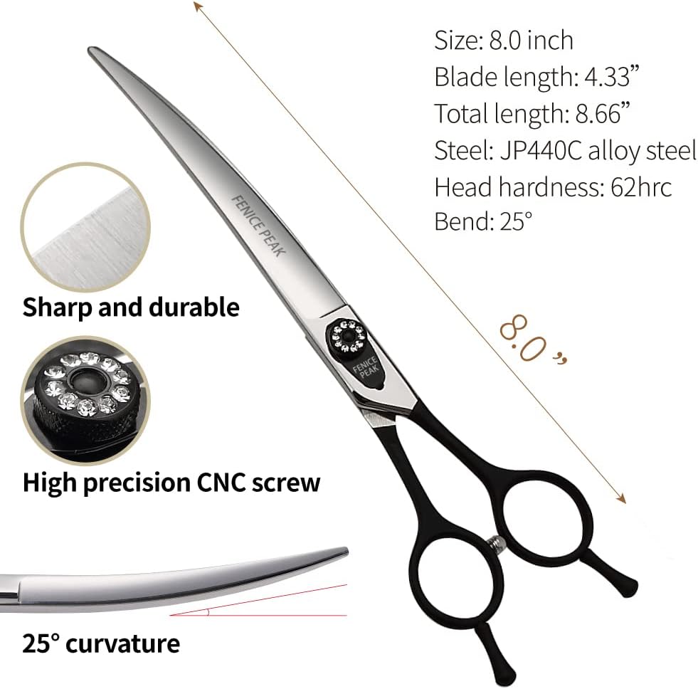 Fenice 8.0 inch Dog Grooming Curved Scissors with Jeweled Screw for Pets Japan 440C Stainless Steel Sharp Blade Light Weight Comfortable for Right Handed Groomers