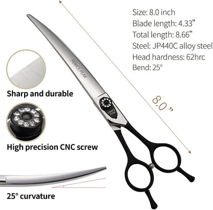 Fenice 8.0 inch Dog Grooming Curved Scissors with Jeweled Screw for Pets Japan 440C Stainless Steel Sharp Blade Light Weight Comfortable for Right Handed Groomers