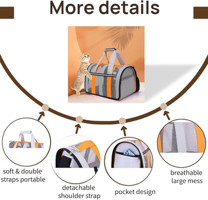 Airline Approved Soft Sided Cat Carrier and Small Dog Crate up to 18lbs - Lightweight Cats Bag Carrier for Pets with Litter Pocket for Kittens and Puppies (Gray and Orange, Large)