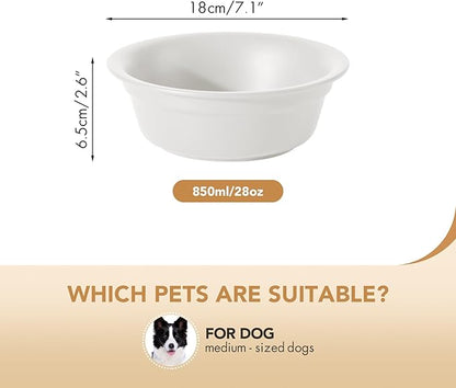 Ceramic 7.1inch Set of 2 Dog Bowls for Medium and Large Dogs, 2pcs Basic Food and Water Dishes for Replacement, Wide Opening Rounded Edge(2 Bowls, Matt White)