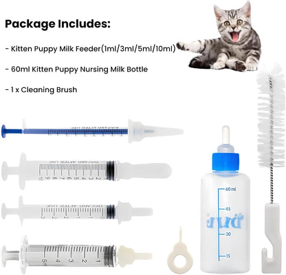 Kitten Bottle Feeding Kit 1ml 3ml 5ml 10ml 60ml Kitten Milk Replacement Bottles Small Animals Waterer Feeder for Nursing Newborn Kittens Cat Rabbit