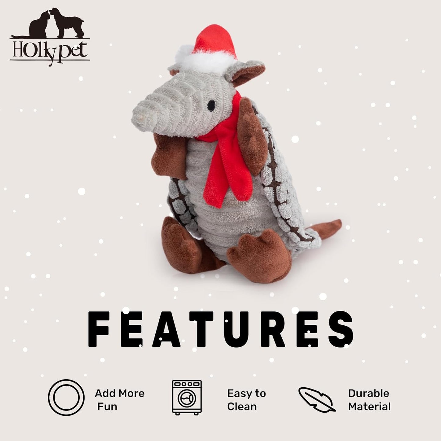 Hollypet Plush Dog Squeaky Toy Stuffed Armadillo Animal Pet Puppy Chew Toys with Clean Teeth for Small Medium Large All Breed Sizes Dogs, Christmas Gray, 8 in