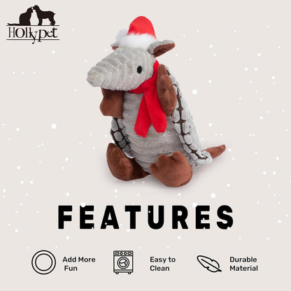 Hollypet Plush Dog Squeaky Toy Stuffed Armadillo Animal Pet Puppy Chew Toys with Clean Teeth for Small Medium Large All Breed Sizes Dogs, Christmas Gray, 8 in