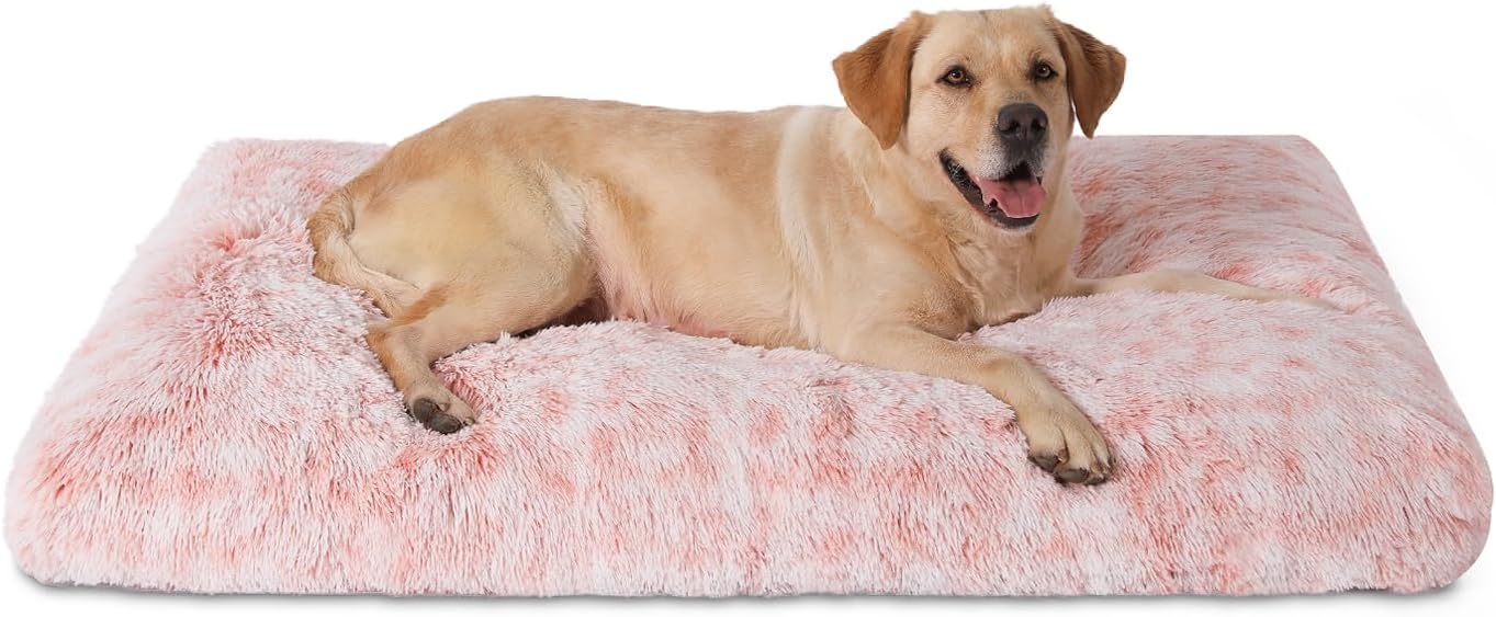 Bedfolks Waterproof Crate Bed, Plush Dog Kennel Pad with Removable Washable Cover, Faux Fur, Fluffy 47"x29", Pink