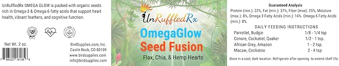 UnRuffledRx™ OmegaGlow for Birds – Supports Feather Growth & Helps Reduce Plucking | Skin & Immune Health with Chia, Flax & Hemp Hearts | 2 oz Shaker Jar