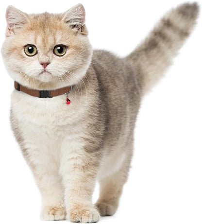 Breakaway Cat Collar Leather with Removable Bell - 13 Colors Available - Soft Adjustable Girl Boy Safety Lightweight Pet Kitten Collars Pink Brown Blue Green Red Orange Black (Cognac)