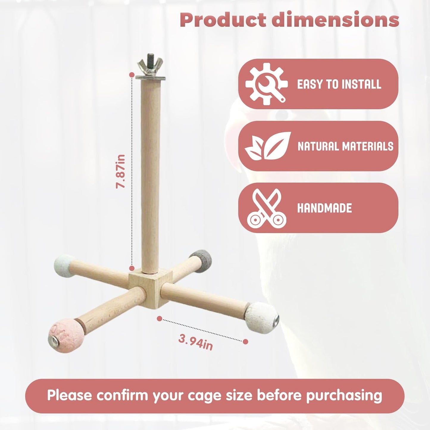 Bird Perch - 360° Rotating Interactive Perch for Cage, Natural Lava Rock for Claw & Beak Grinding, Safe Non-Toxic Wood, Multi-Position Play, Parakeet perches for cage, for Small/Medium Birds