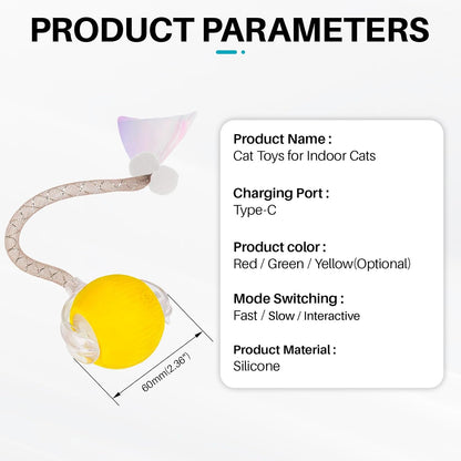 Interactive cat Toy cat Toys for Indoor Cats Agile Moving Cat Ball with Elastic Mesh Tail Automatic Kitten Toys Motion Activated Ball (Yellow)