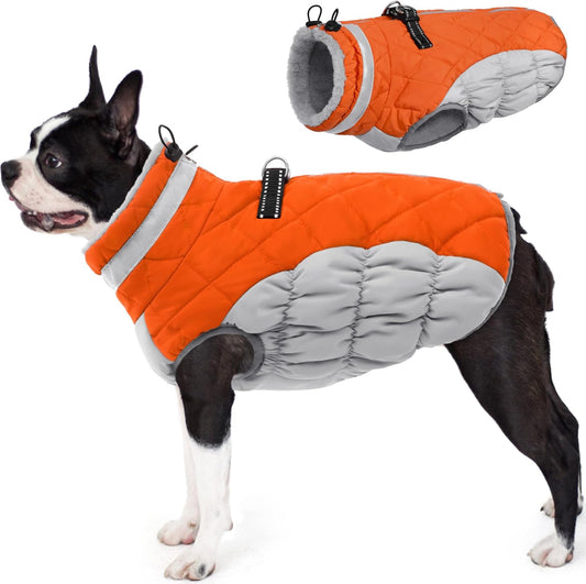 AOFITEE Dog Coat, Warm Dog Winter Coat for Small Dogs, Reflective Turtleneck Dogs Jacket with Harness Built in, Waterproof Windproof Pet Fleece Vest Snow Jacket for Cold Weather, Orange S