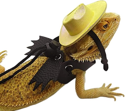 Adjustable Bearded Dragon Leash Harness with Hat Set,3 Size Pack Leather Wings Safty Walking Leash for Bearded Dragon Lizard Reptiles (Purple Hat and Silver Harness Set)