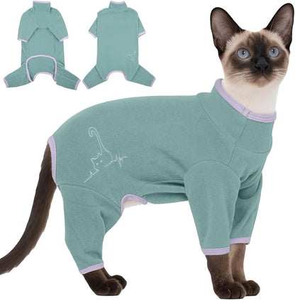 DENTRUN Cat Clothes for Hair Control with Hair Sticky Fabric - Soft Recovery Suit & Breathable Lint-Resistant Cat Sweater for Cats Only, Kitten Onesie Pajamas, L, Bean Green