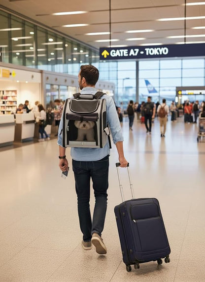 Expandable Pet Backpack Carrier – Dog & Cat Travel Bag with 4-Way Entry, Mesh Windows, Storage Pockets, Secure Zippers, Washable Cushion, Bonus 2 Collapsible Pet Bowls