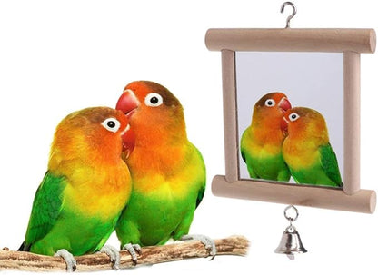 Bird Mirror Wooden Hanging Swing Interactive Play Toys for Small Parrot Budgies Macaw African Grey Parakeet Cockatiel Conure Lovebird Cage Accessories (Bird Mirror with Bell-2 PCS)