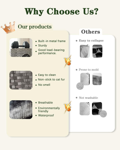 Cat House for Indoor Cat, Large Double Cat Houses Cat Bed Cave, Handwoven Rattan Pet Beds with One Soft Pad, 17 x 17 x 17 Inches Foldable Kitten Hideaway in Living Room Gray