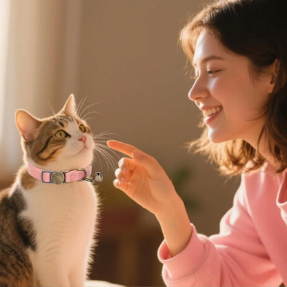 Cat Collar Breakaway, Personalized Leather Cat Collar with Bells-Adjustable Customized Collar with Name & Phone Number Tag for Girl Boy Cats -Quick Release Buckle for Cats & Kittens (Pink)