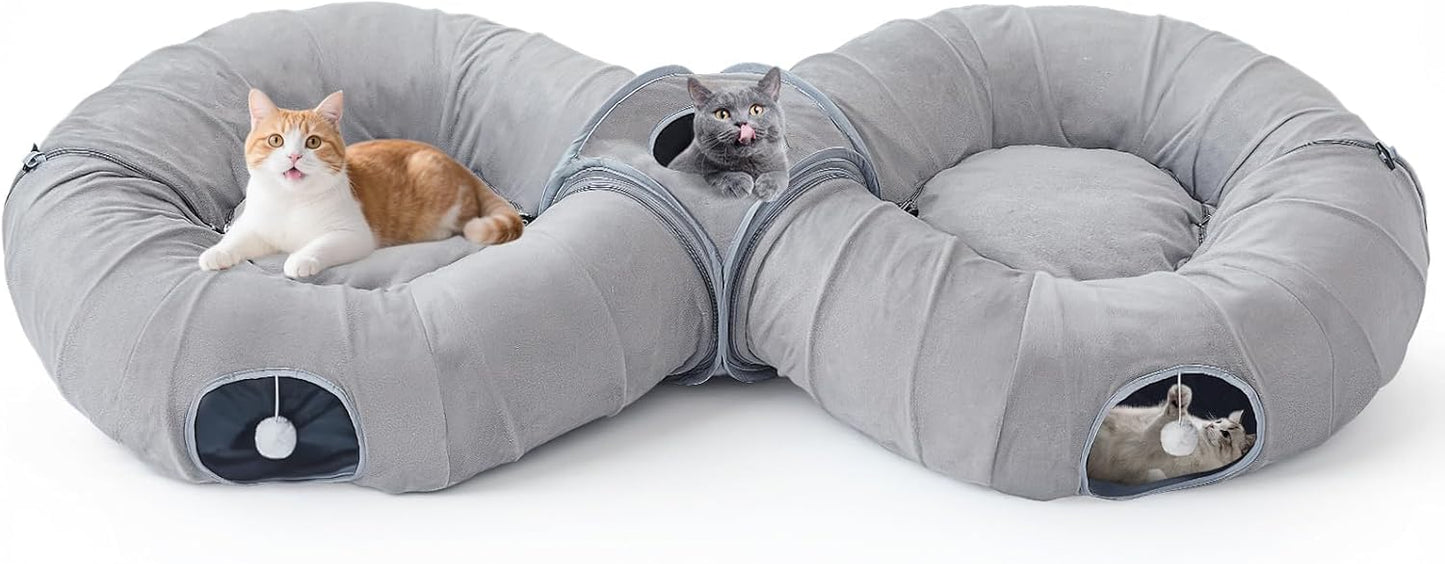 Pawaboo 2-in-1 Cat Tunnel Bed for Indoor Cats, 8-Shaped Large Cat Tunnels with Plush Cushions, Foldable Cats Cave Hideout Kitty Toys with Fluffy Balls, Donut Tunnel for Kitten Rabbit Ferret, Grey