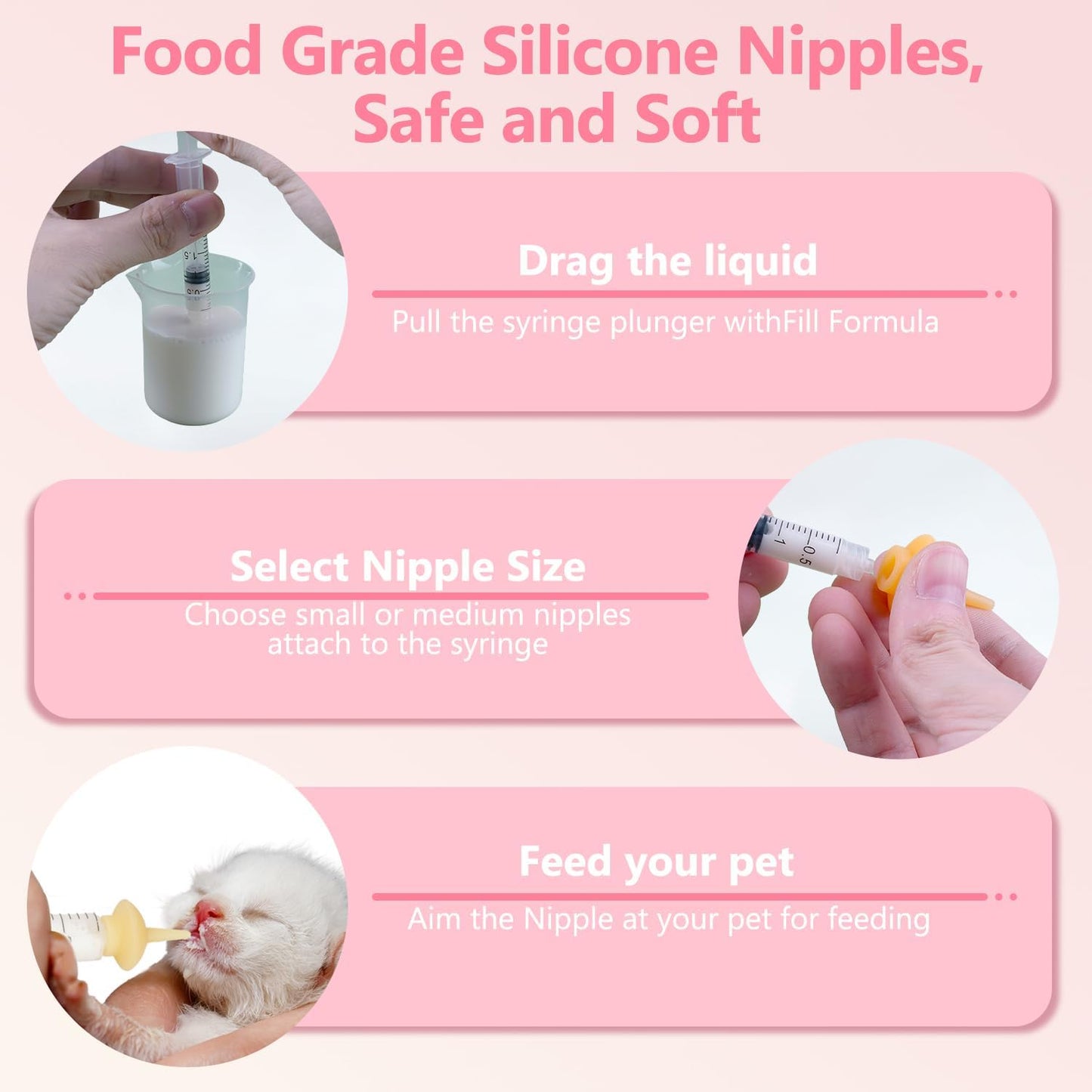 Kitten Bottle Feeding kit with Feeding Nipple and Syringe, Soft Silicone Nursing Pet Feeding Bottle, Ventilation Valve Resistant Tearing for Small Puppies, Kittens, Rabbit (L Nipple-Yellow)