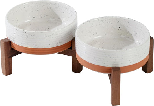 Ceramic 5.1inch Raised Double Bowls Set with Acacia Wood Stand, 2 Heights Elevated, Food & Water Bowls for Puppy, Kitty, Cats(13.5oz, Vanilla White)