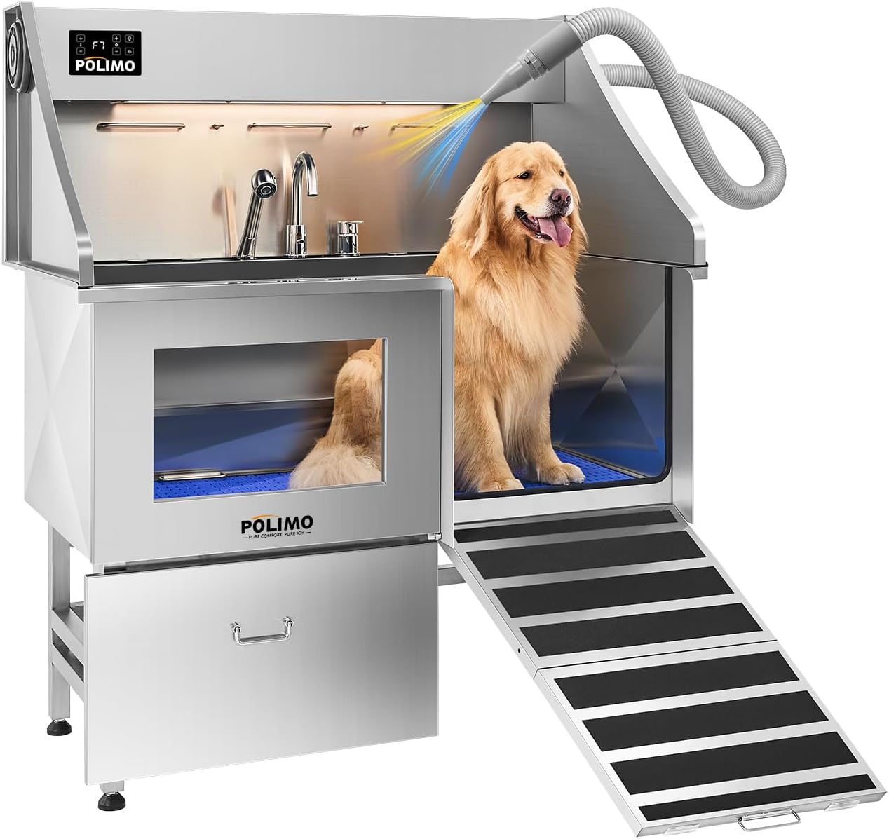 POLIMO Dog Wash Station with Pet Dryer & LED, Professional Dog Bathing Station for Large, Medium & Small Dogs – with Window, Ramp, Drawer, Floor Grate, LED Display & Faucet (Right Ramp & Dryer, 50")