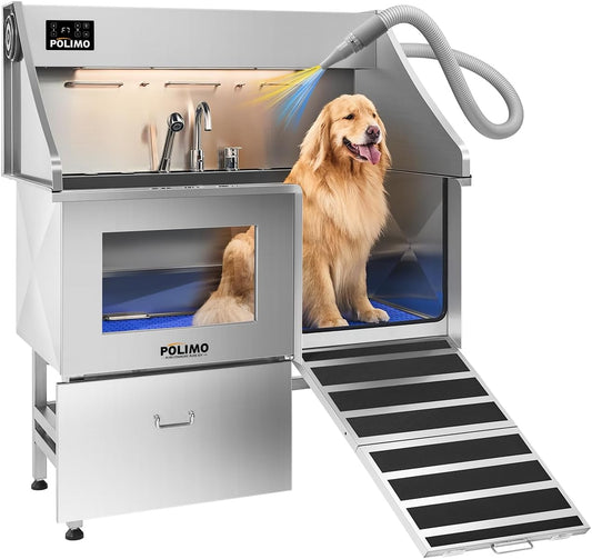 POLIMO Dog Wash Station with Pet Dryer & LED, Professional Dog Bathing Station for Large, Medium & Small Dogs – with Window, Ramp, Drawer, Floor Grate, LED Display & Faucet (Right Ramp & Dryer, 50")