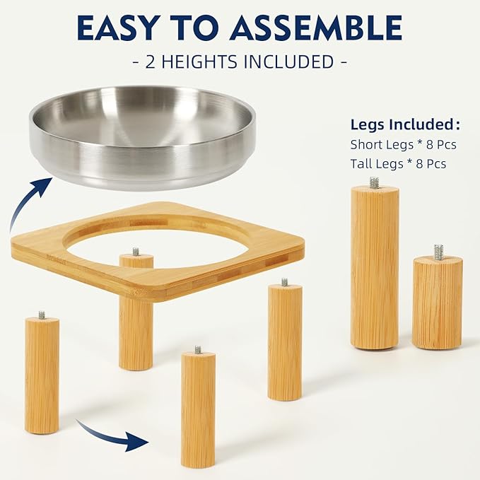 Elevated Cat Bowls for Indoor Cats – Raised Bamboo Cat Bowl Stand with 5.5 Inch Wide Stainless Steel Dishes, Pet Food Table Plate for Easy Feeding, Whisker Friendly(Silver,Set of 2)