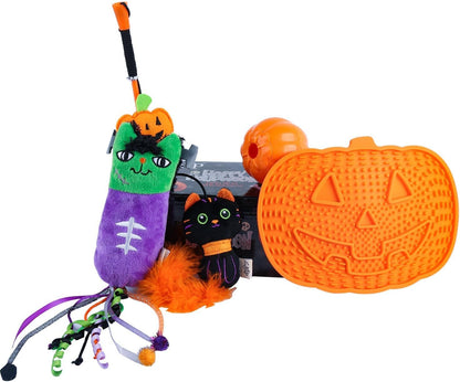 All for Paws Halloween Cat Gift Set – 4 Pack Cat Toys for Indoor Cats, Treat Dispenser, Lick Mat, Kicker & Wand