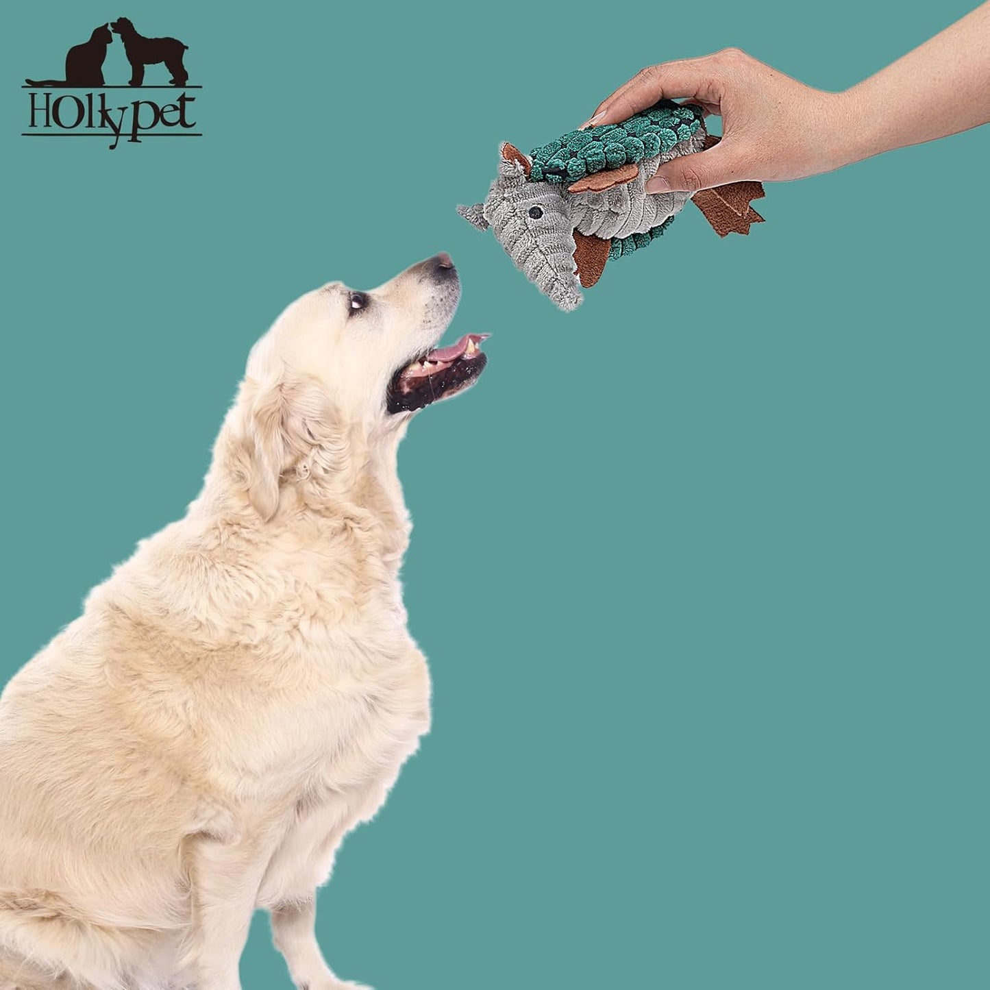 Hollypet Plush Dog Squeaky Toy Stuffed Armadillo Animal Pet Puppy Chew Toys with Clean Teeth for Small Medium Large All Breed Sizes Dogs, Deep Green, 6 in