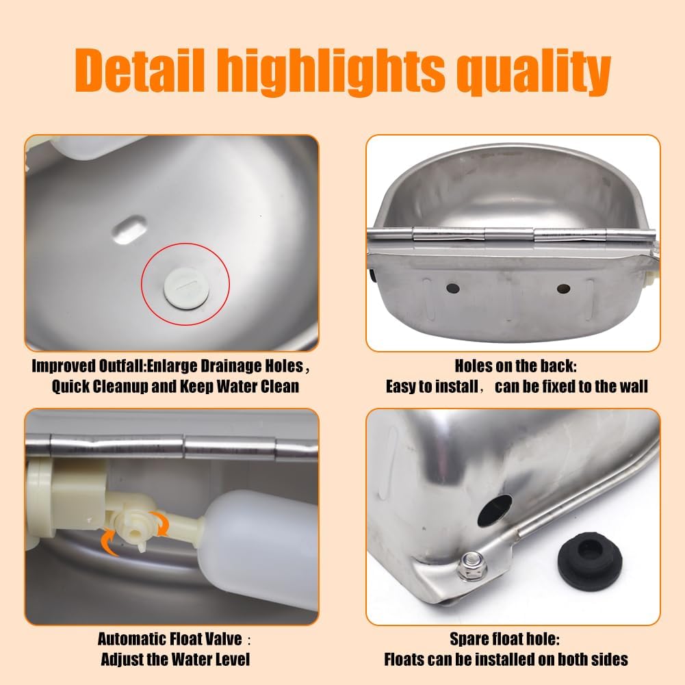 Automatic Animal Drinking Water Bowl with Float Valve and Drainage Hole, 304 Stainless Steel Livestock Dispenser Waterer Kits Included Water Hose, 3/4''Adaptor, Float Valves Mounting Bolts (1 Set)