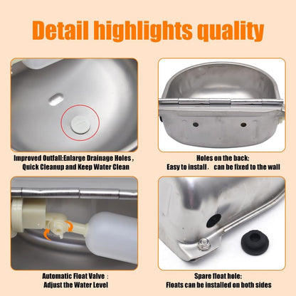 Automatic Animal Drinking Water Bowl with Float Valve and Drainage Hole, 304 Stainless Steel Livestock Dispenser Waterer Kits Included Water Hose, 3/4''Adaptor, Float Valves Mounting Bolts (1 Set)