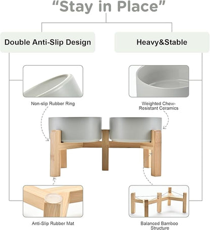 SPUNKYJUNKY Elevated Dog Bowls Ceramic, 6.1'' Dogs and Cat Food Water Bowls Raised with Non-Slip Bamboo Stand for Medium Sized Breed Microwave Dishwasher Safe - 28.7 OZ,Grey