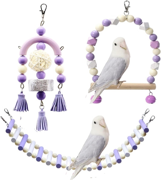3PCS Bird Toys Bird Foraging Toys Chewing Hanging Birdcage Swing Cage Accessories Parrot Climbing Ladder for Conure Parakeet Cockatiel Budgies Lovebird Parrotlet (Purple)