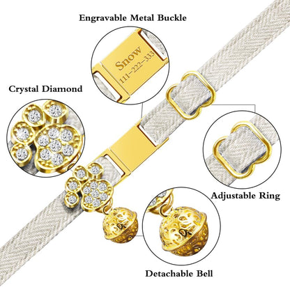 Personalized Breakaway Cat Collars - Magnetic Buckle, Bell - Safety Quick Release, Customized for Girls & Boys Cats- (Herringbone-Oatmeal)