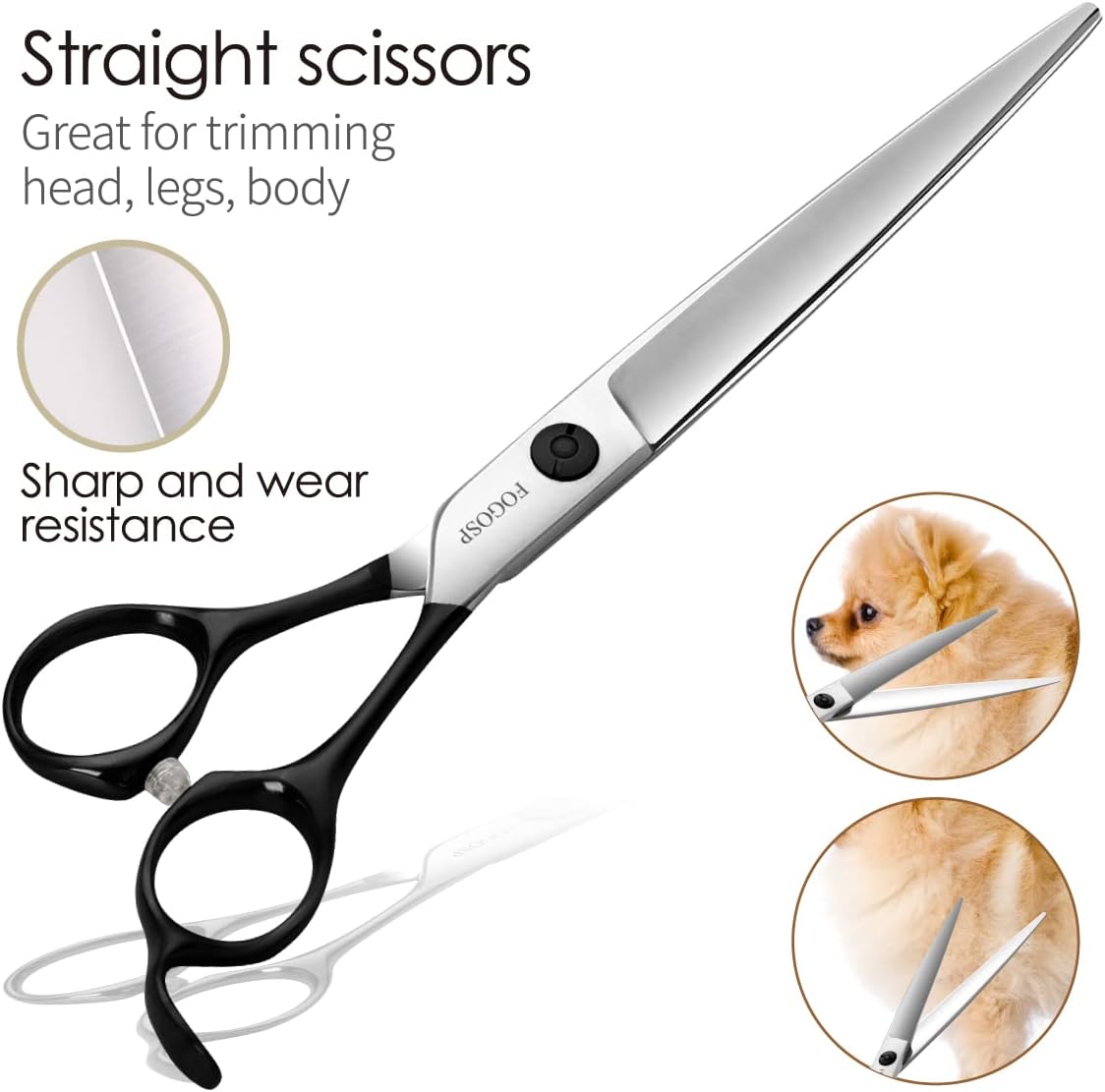 Professional Dog Grooming Scissors Kit 4pcs FOGOSP 7 inch Curved Thinning Straight Chunker Shears for Dogs Cat Pets (7 in Kit, Black)