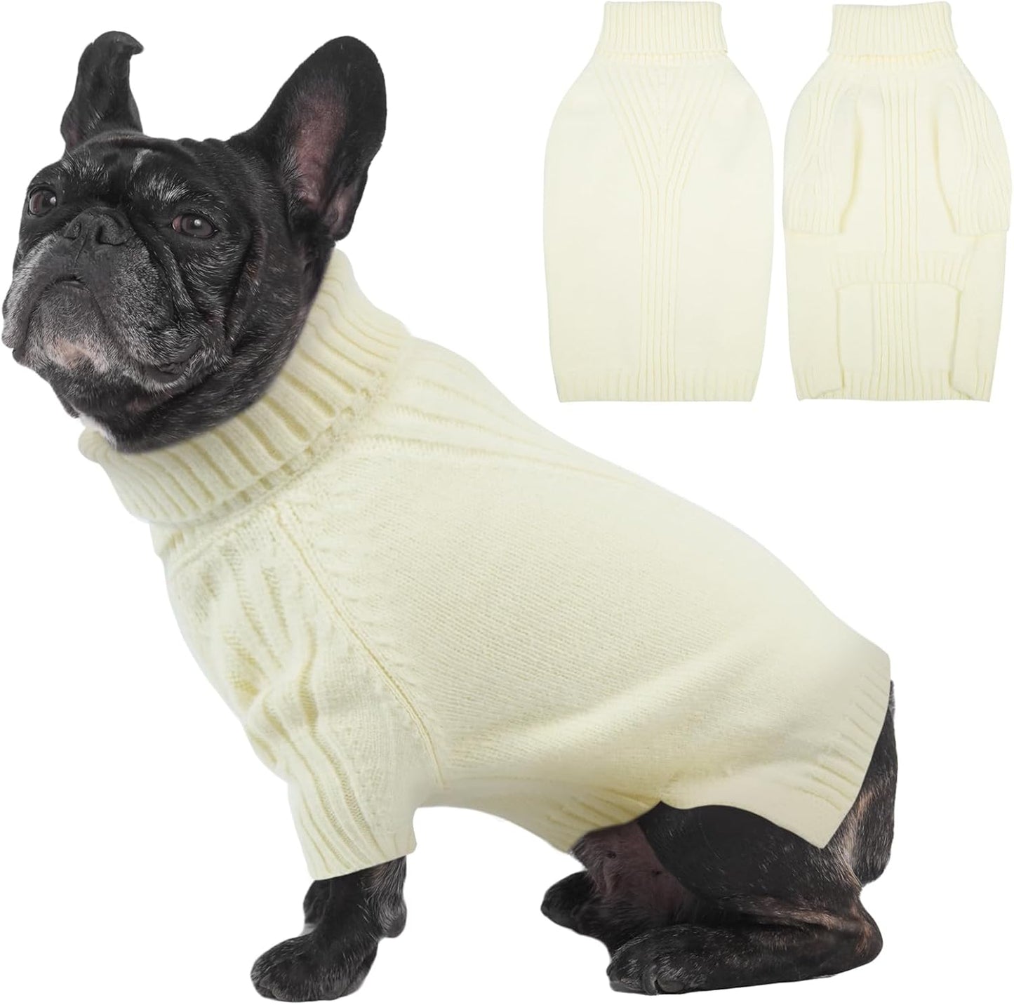IECOii Dog Sweaters for Medium Dogs Girl Boy,Holiday Knit Doggy Sweatshirt with Sleeve,Turtleneck Thick Warm Dog Sweaters for Winter,Pullover Knitwear for French Bulldog,Boston Terrier (White, L)