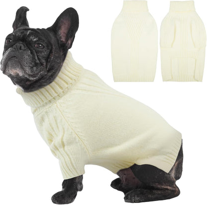 IECOii Dog Sweaters for Medium Dogs Girl Boy,Holiday Knit Doggy Sweatshirt with Sleeve,Turtleneck Thick Warm Dog Sweaters for Winter,Pullover Knitwear for French Bulldog,Boston Terrier (White, L)