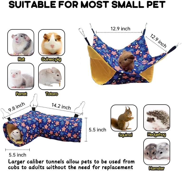 Guinea Pig Rat Tunnel Ferret Hammock, Small Animal Corner Tunnel & Tubes & Bed for Hedgehog Piggy Chinchilla Hideout Toys and Cage Accessories (3.Hammock&Tunnel)
