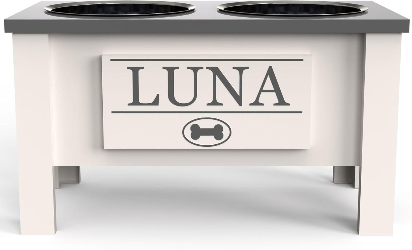 GrooveThis Woodshop - Personalized Elevated Dog Bowl Stand for Large, Medium, Small, X-Small Dogs - Stainless Steel Food and Water Bowls - Raised Dog Dish with Internal Storage (Large, Grey)