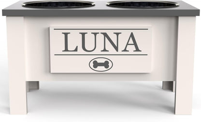 GrooveThis Woodshop - Personalized Elevated Dog Bowl Stand for Large, Medium, Small, X-Small Dogs - Stainless Steel Food and Water Bowls - Raised Dog Dish with Internal Storage (Large, Grey)