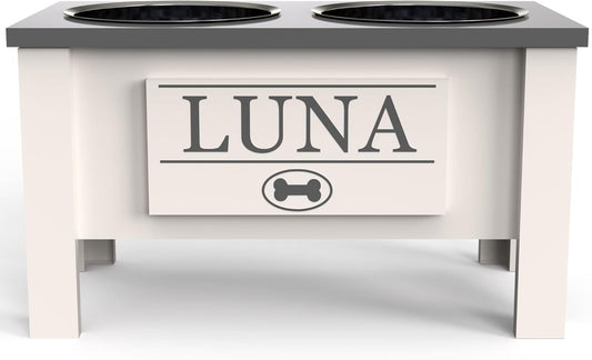 GrooveThis Woodshop - Personalized Elevated Dog Bowl Stand for Large, Medium, Small, X-Small Dogs - Stainless Steel Food and Water Bowls - Raised Dog Dish with Internal Storage (Large, Grey)