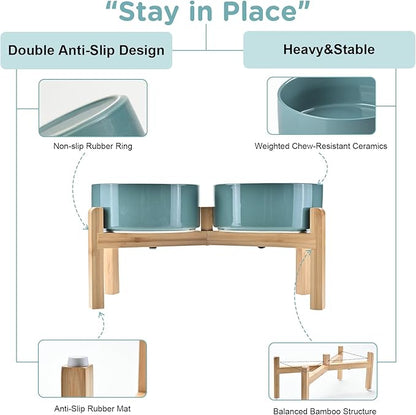 SPUNKYJUNKY Elevated Dog Bowls Ceramic, 7.3'' Dogs Food Water Bowls Raised with Non-Slip Bamboo Stand for Medium to Large Sized Breed Microwave Dishwasher Safe - 42 OZ,Dark Green