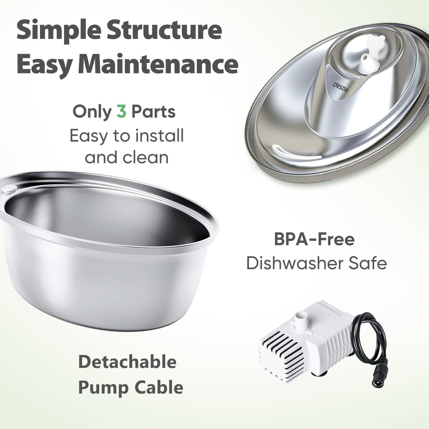 ORSDA Cat Water Fountain Stainless Steel, 3L Automatic Pet Drinking Fountain for Cats Inside, Dog Water Dispenser with Adjustable Water Flow and 6 Replacement Filters for Cats, Dogs