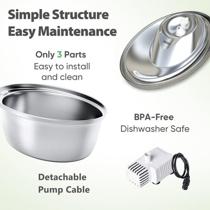 ORSDA Cat Water Fountain Stainless Steel, 3L Automatic Pet Drinking Fountain for Cats Inside, Dog Water Dispenser with Adjustable Water Flow and 6 Replacement Filters for Cats, Dogs