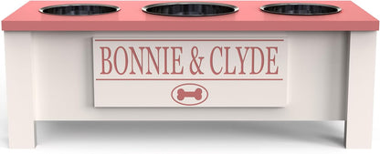 GrooveThis Woodshop - Personalized Elevated Triple Dog Bowl Stand for Large, Medium, Small, X-Small Dogs - 3 Stainless Steel Food and Water Bowls - Raised Dog Dish with Internal Storage (Medium, Pink)