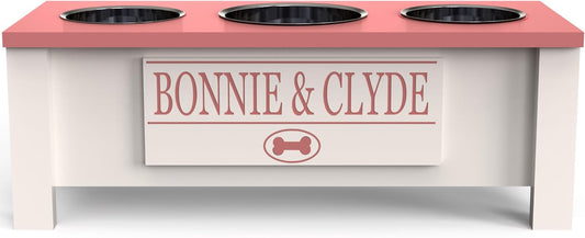GrooveThis Woodshop - Personalized Elevated Triple Dog Bowl Stand for Large, Medium, Small, X-Small Dogs - 3 Stainless Steel Food and Water Bowls - Raised Dog Dish with Internal Storage (Medium, Pink)