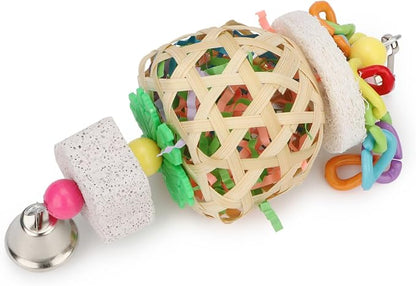 Hypeety Bird Foraging Toys Natural Seagrass Woven Basket Parrot Foraging Chewing Toy with Bell Colourful Parakeet Hanging Toys for Cockatiel Sun Parakeet Budgie Lovebirds (2pcs Woven Basket)
