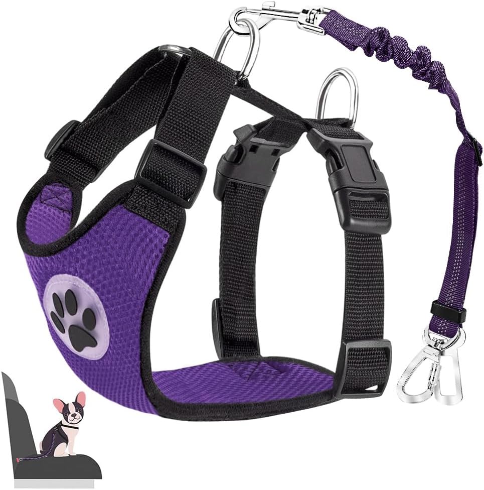 Lukovee Dog Seat Belt for Car, Adjustable Dog Car Harness for Large Medium Small Dogs, Soft Padded & Breathable Mesh Dog Seatbelt with Car Vehicle Connector Strap (Purple Double Clip,Large)