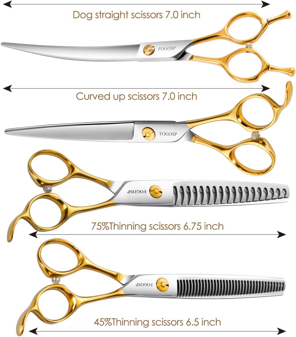 Dog Grooming Scissors Kit 4pcs 7 inch Professional Dog Grooming Shears Set Curved Thinning Straight Chunkers for Dogs Cat Pets (7 in Kit, Gold)