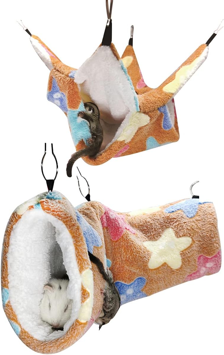 LEFTSTARER Guinea Pig Ferret Rat Hammock Toy Small Animal Cage Accessories Hideout Tunnel & Bunkbed Hammock for Rat Ferret Guinea Pig Hamster Sugar Glider Chinchilla (Star-Brown)