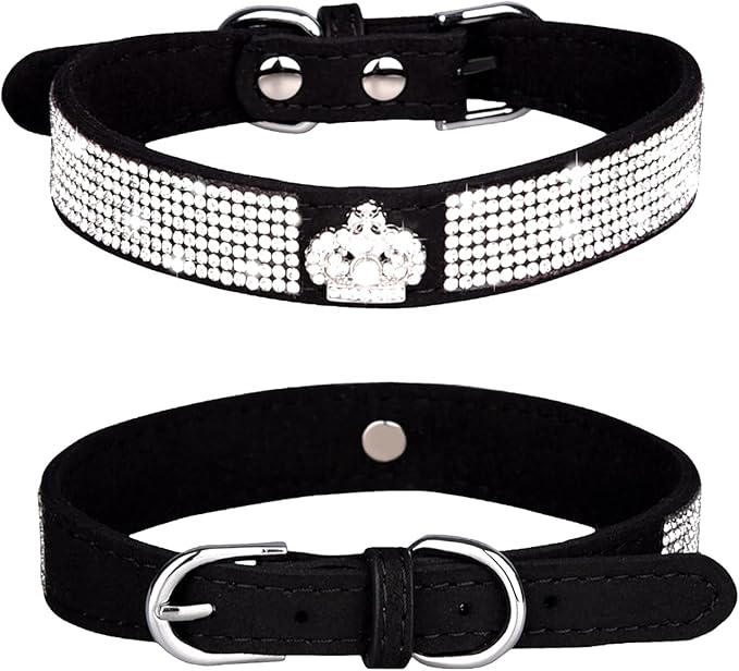 Rhinestone Dog Collar, Cute Dazzling Sparkling Soft Suede Leather Adjustable Pet Dog Cat Collar Crystal Diamond for Puppy Small Medium Large Dogs (XS:21-26cm, Black-4)